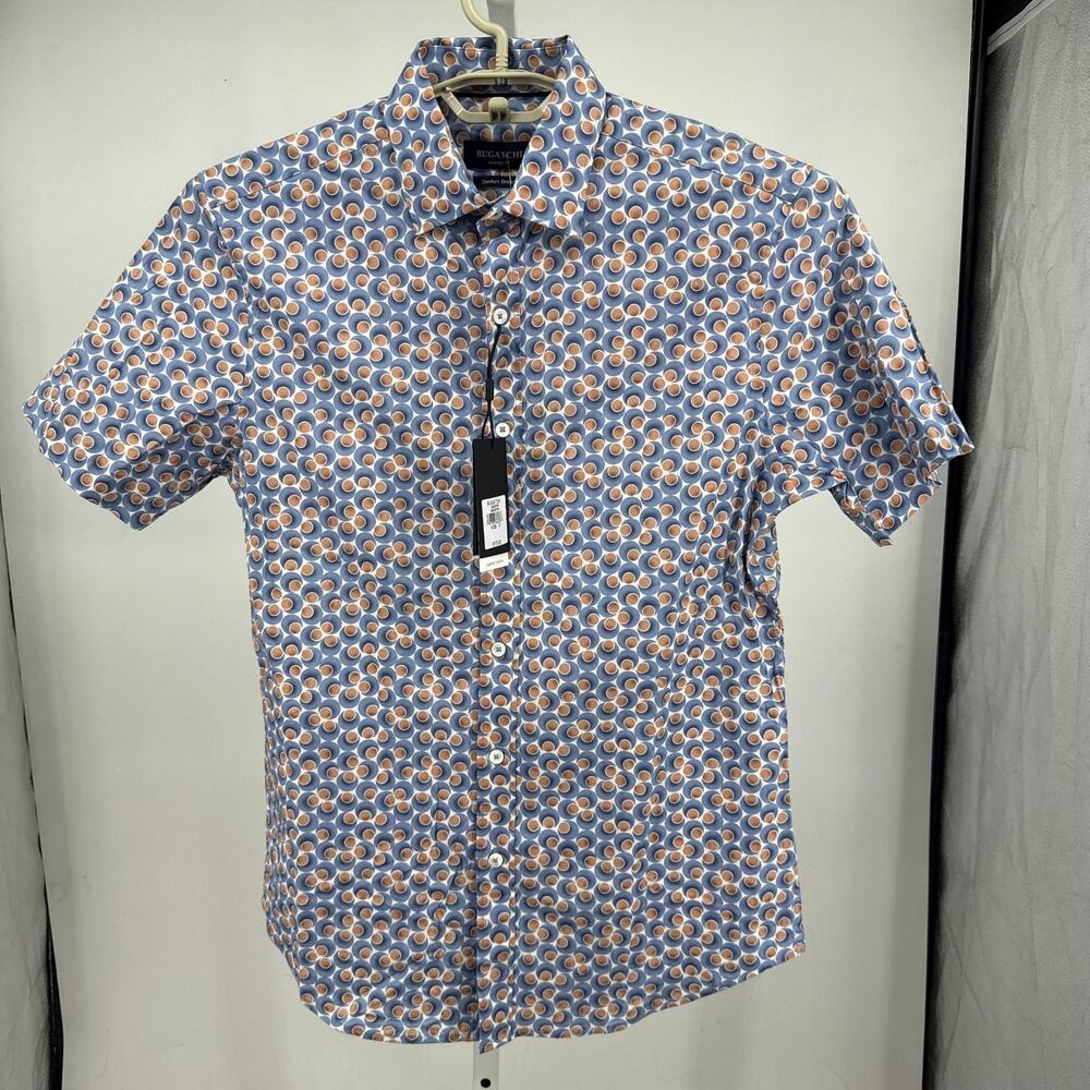 BUGATCHI Shirt Mens S Blue Orange Short Sleeve Button Up Geometric Print Casual